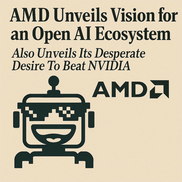 Satirical image of a robot with pixel sunglasses beside the AMD logo and a joke headline about beating Nvidia.
