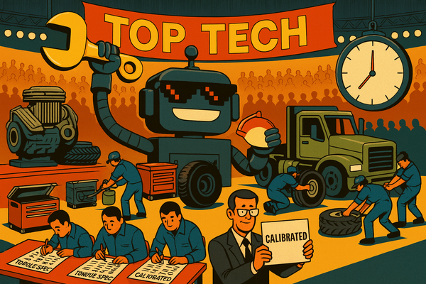 Cartoon of Cox Automotive’s Top Tech 2025 competition, with the SiliconSnark robot mocking technicians racing to fix trucks under a giant clock.