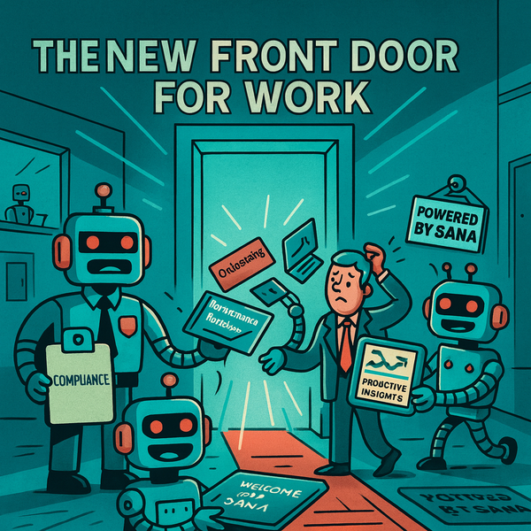 SiliconSnark robots guard a glowing office door labeled “The New Front Door for Work,” handing dashboards and compliance binders to a confused employee.