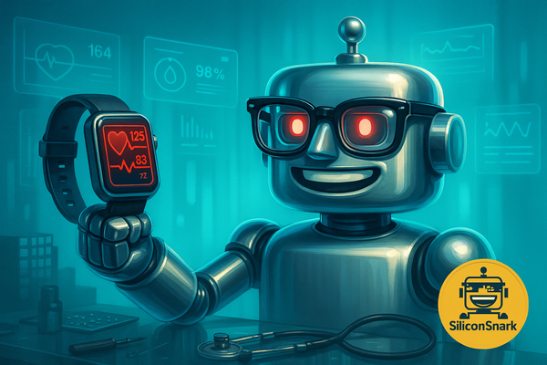 The SiliconSnark robot displays a glowing smartwatch with blood pressure readings in a futuristic turquoise lab.