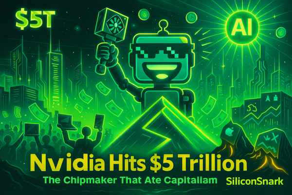 A glowing, futuristic scene where the SiliconSnark robot stands atop a neon-green Nvidia logo mountain, raising a GPU scepter